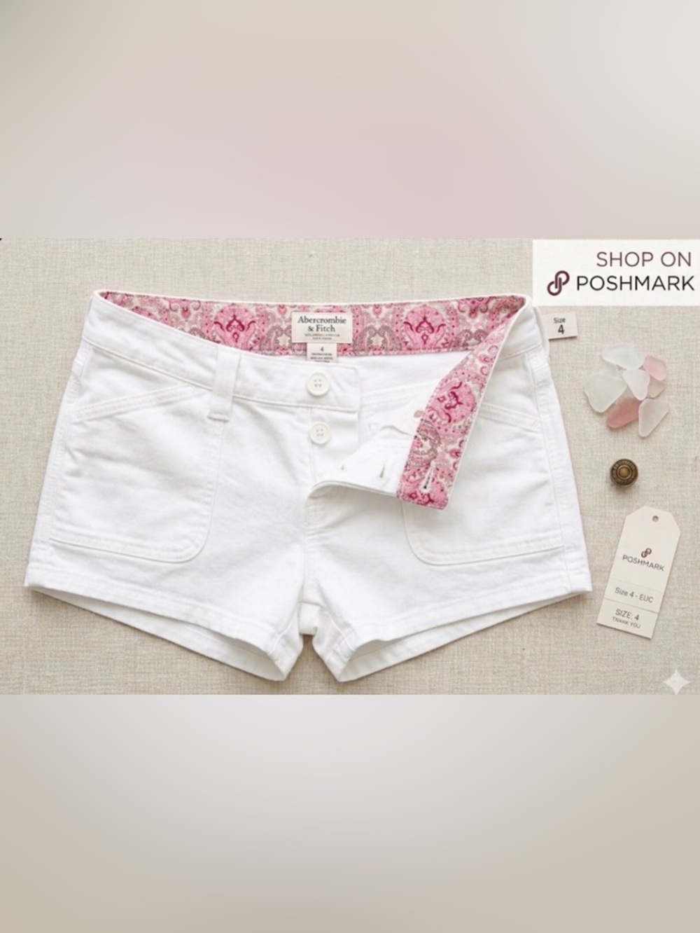 Abercrombie & Fitch White 30” Waist Women's Shorts Pink Paisley Lining Sz 4